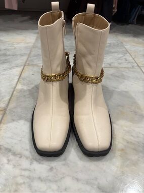 ShuShop Cream Ankle Boots with Gold Chain Trim